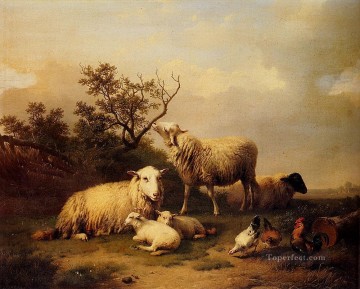 ベルギー フェルベックホーフェンのユージン羊と休む子羊と風景の中で家禽 Oil Paintings